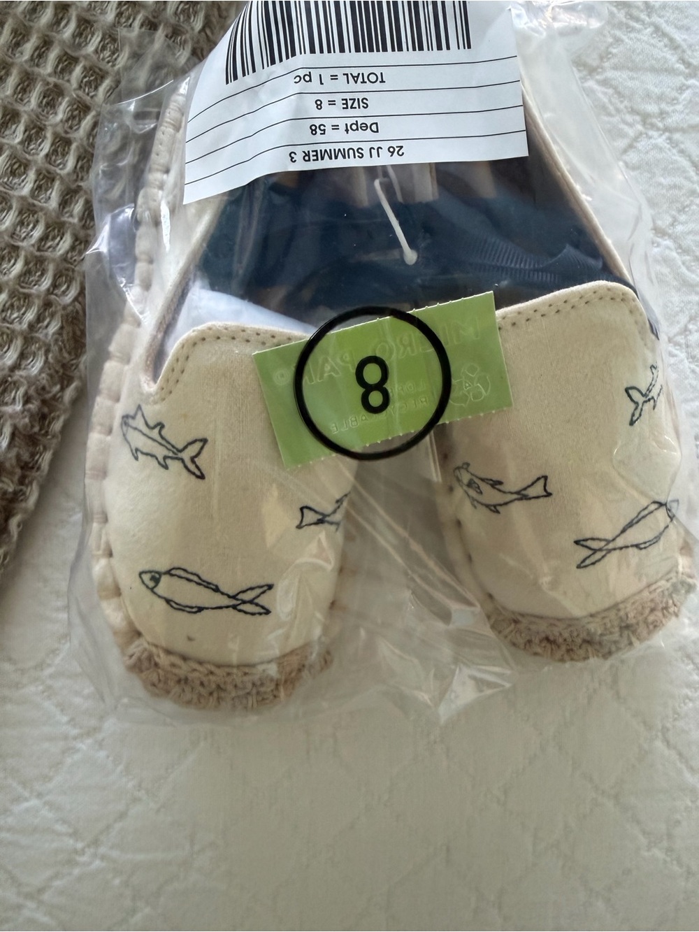 Jamie and Jack’s size 8 canvas slip on shoes with fish motif new in package